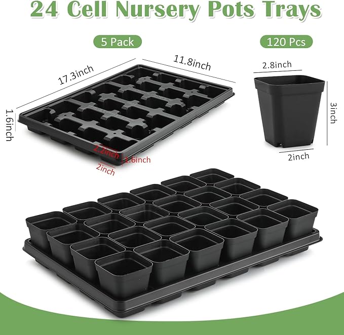 5 Pack 24 Cell Nursery Pots Trays with 3 inch Square Nursery Pots 120pcs (Black), Plastic Seed Starter Tray with Drain Holes for Carrying and Holding Plant Pot(17"x11"x1.6")