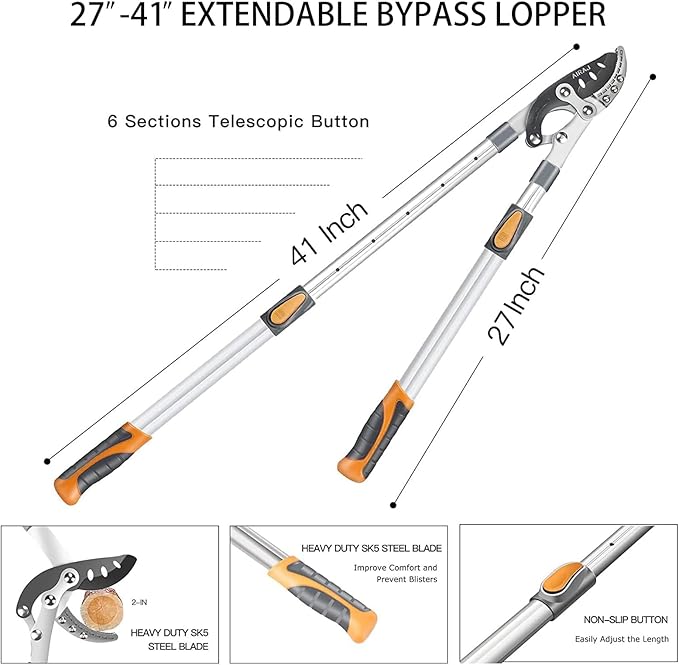 AIRAJ 27-41'' Extendable Anvil Loppers Heavy Duty with Compound Action, Tree Trimmer with 2 Inch Cutting Capacity, Chops Thick Branches Ease,Heavy Duty Tree Pruner with SK5 Spare Blade