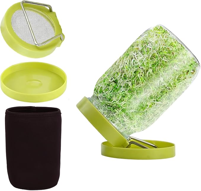 Sprouting Jar Sprouting Kit Sprouts Growing Kit with Mason Jar, Stainless Sprout Lids, Blackout Sleeves, Drain Tray Seed Sprouter Set for Bean, Broccoli, Alfalfa