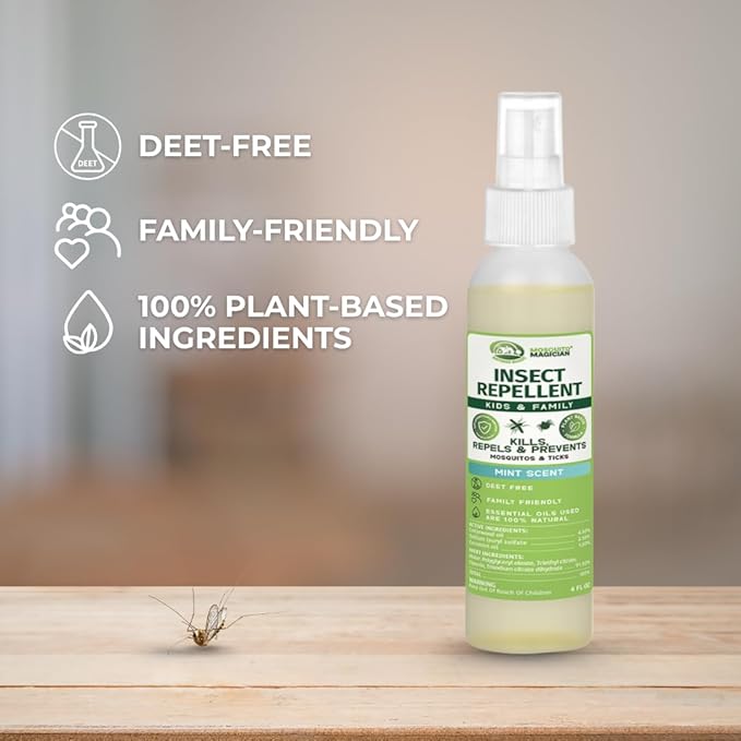 Mosquito Magician Plant Based Bug Spray for Families – Kid and Pet Safe Spray with Natural Essential Oils. Kills & Repels Mosquitos, Fleas and Ticks. Travel Size for Kids & Family – Lemongrass, 4 OZ