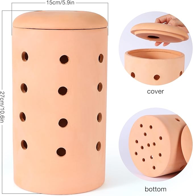 Underground Compost Bin 11Inch Garden Worm Farm Outdoor for Organic Refuse Red Pottery Ceramics Compost Bin with Holes and Lid Clay for Garden Vegetable Patch Backyard