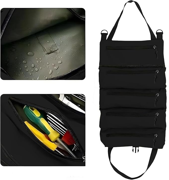 Roll-Up Tool Storage Bag, Nylon Gardening Organizer with 5 Pockets, 11x18 Inch, Portable Hanging Design for Outdoor Maintenance, School, Work (54hei)