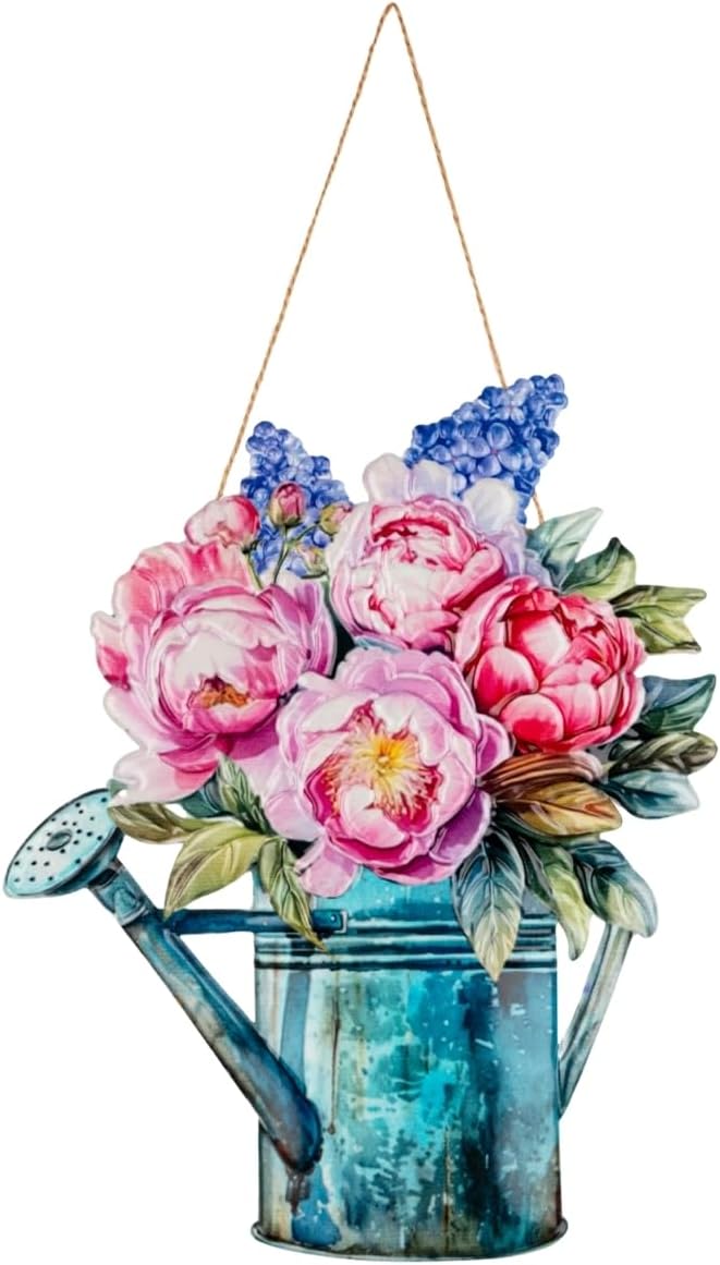 Quterhero Watering Can Flower Wall Decor, Metal Hanging Art for Indoor Outdoor Wall or Porch, Vintage Farmhouse Porch Decor Gift for Mom, Women, Friends(Peony)