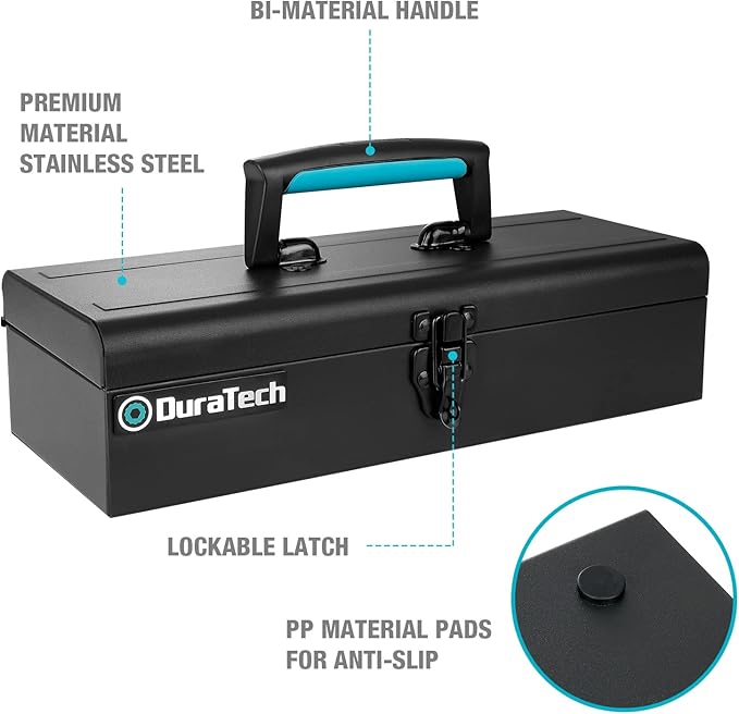 DuraTech Tool Box, 15" Portable Steel Small Tool Box with Metal Latch Closure & Plastic Handle with Anti-slip Base, Multi-Purpose Heavy Duty Toolbox, Black