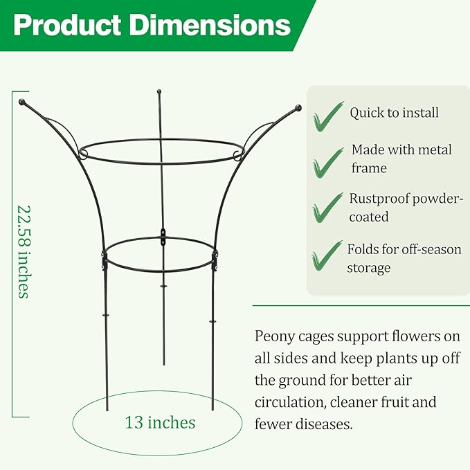 4 Pack Peony Cages and Supports Cages 13" D x 22.8" H Heavy Duty Metal Support Frame for Peonies & Roses Natural Bouquet Shape Garden Stakes for Outdoor Plants Flowers Ornamental (Black)
