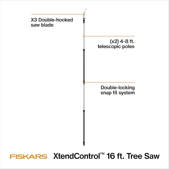 Fiskars XtendControl 16' Tree Pruner with 15" X3 Double-Hooked Saw, Two 4-8 Ft Extension Pole, Lightweight Aluminum Pole Saw for Fast Cutting with Sawdust Reliefs, Secure Locking System, Orange