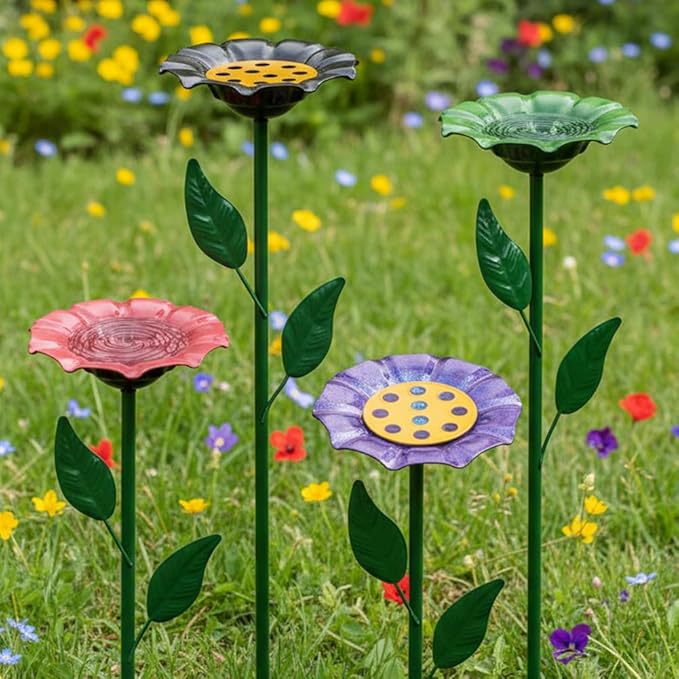 dreamysoul 4 Pack Bee Watering Station, Bee Waterer for Honey Bee & Butterfly, Metal Bee Bath with Flower Design for Garden Yard