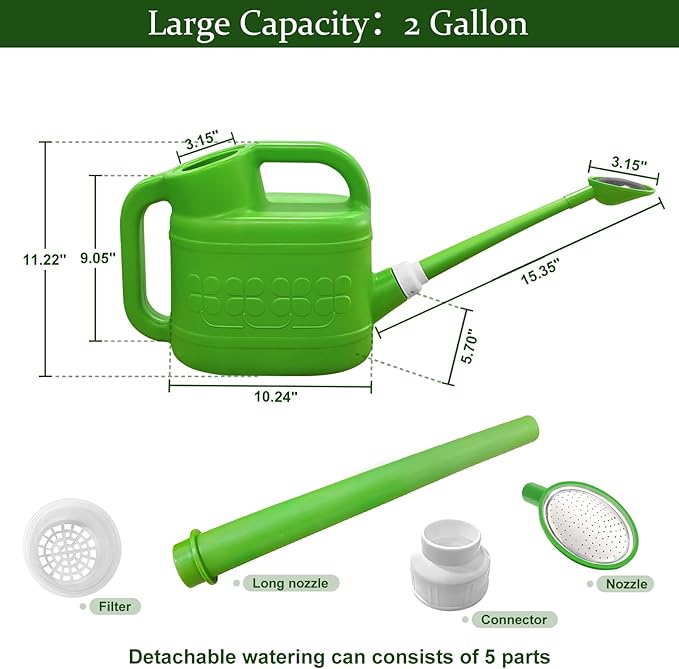 2 Gallon Watering Can for Outdoor Plants, Modern Watering Cans for House Plant Garden Flower, Plastic Watering Cans with Removable Nozzle and Long Spout