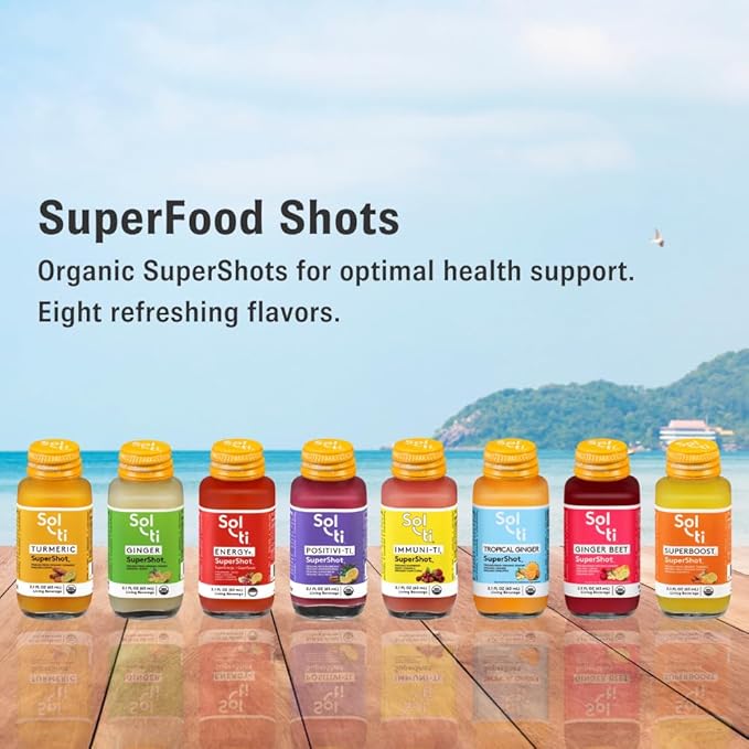 Sol-ti Organic Tropical Ginger SuperShot Drink, Aids in Collagen Production and Promotes Skin Elasticity, SuperFood, Cold-Pressed Fruit Juice Blend, 12 Pack (2.1 Fl oz)