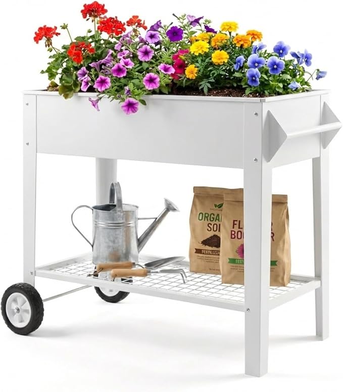 Garvee Elevate 39" Raised Garden Bed with Wheels & Storage Shelf, 400 Lbs Capacity, Anti-Rust Steel Planter Box for Vegetables & Herbs, Patio/Balcony/Backyard