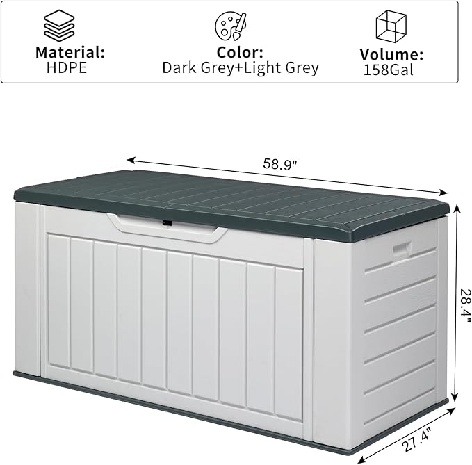 VINGLI Upgraded 158 Gallon Outdoor Storage Box, Lockable Resin Storage Containers with Lid, Wood-Grain Finish Deck Box Patio Furniture for Garden, Pool, Balcony, Yard