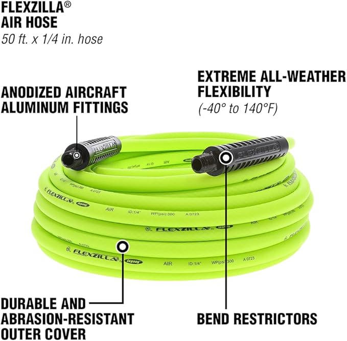 Flexzilla Air Hose 1/4 in x 50', 1/4 in. MNPT Fittings, Heavy Duty, Lightweight, Hybrid, ZillaGreen - HFZ1450YW2