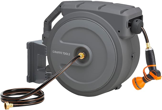 Giraffe Tools Retractable Hose Reel 1/2 in x130 FT PRO Metal Bracket Wall Mounted Heavy Duty Hose Reel with 9 Pattern Nozzle 180 Deg Swivel, Metal Bracket Any Length Lock (1/2 130FT PRO, Dark Grey)