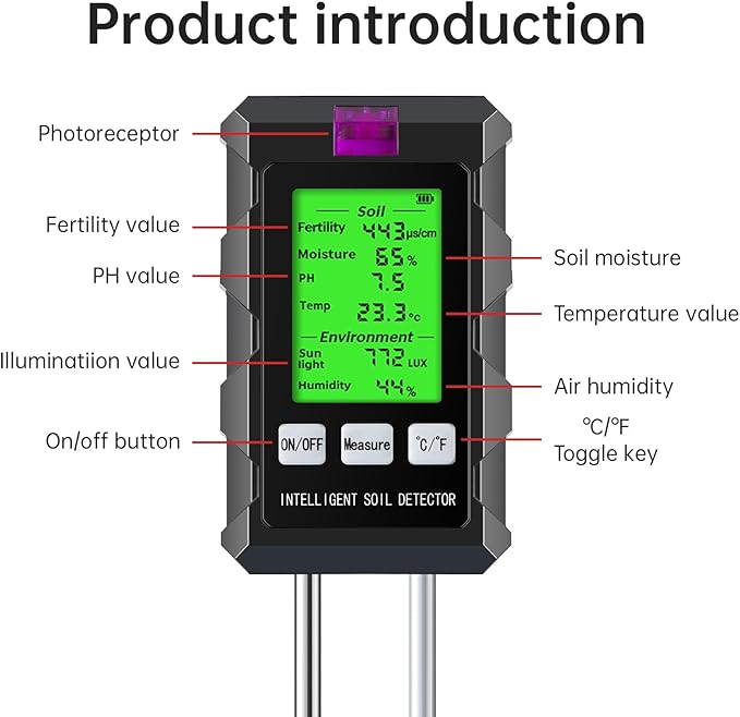 Soil Tester for 2026, 6-in-1 Soil Meter with Dual Probe, Testing Moisture/pH/Temp/Sunlight/Air Humidity/Fertility, Perfect for Farming, Gardening, Lawns, Outdoor (2*AAA Battery Needed) -NEW Patent