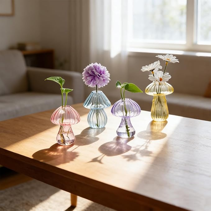 Window Propagation Stations, 4 pcs Colored Mushroom Plant Propagation Station with Suction Cups, Easy to Install Window Hanging Planer, Indoor No Nails Glass Vase Terrarium for Plants&Flowers