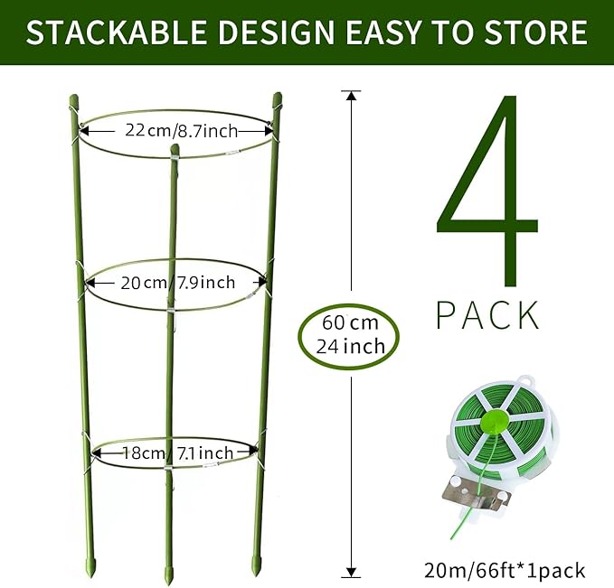 4 Pack Tomato Cage for Garden Plant Support, 24 inches Small Tomato Trellis with Adjustable Rings, Plant Stakes for Peony Support, Tomato Stakes Rings for Climbing Plants