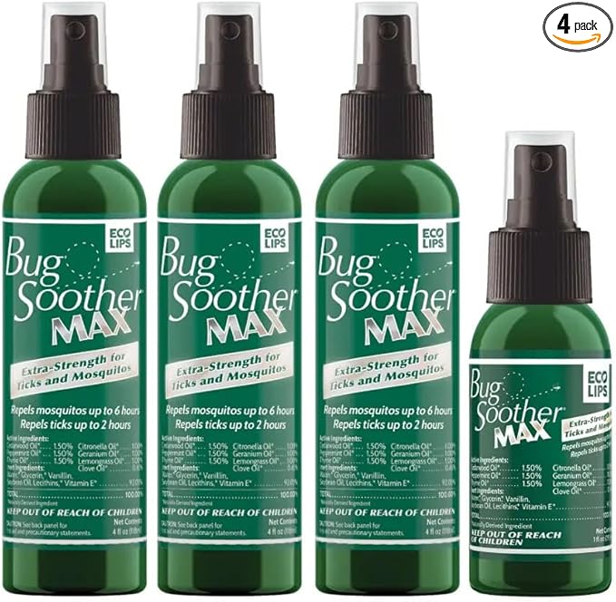 Bug Soother® MAX Natural Tick & Mosquito Repellent Spray – DEET-Free Extra Strength Outdoor Bug Protection, Plant-Based Formula – Made in USA (3ct 4 oz Bottles + 1 oz Bonus)