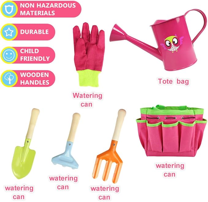 Kids Gardening Tools Kit Includes Sturdy Tote Bag, Watering Can, Gloves, Shovel, Rake, Fork - Children Garden Tool Set -Boy Girls Birthday Gifts (Pink)