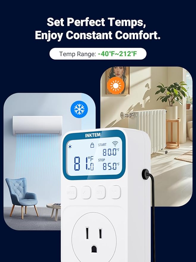 WiFi Plug in Thermostat Outlet, Temperature Controlled Outlet Space Heater, Duration Timer & Smart Memory Digital Temp Controller -40~212℉, IP67 Waterproof Probe for Incubator Homebrew Reptile