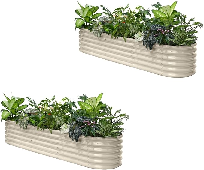 2-Pack Galvanized Raised Garden Bed 8x2x1.5 ft, 17" Tall Planter Boxes Outdoor, Zn-Al-Mg Metal Raised Beds for Gardening Herb Fruit Vegetable, Modular Flower Bed for Outdoor Plants-Sand Beige