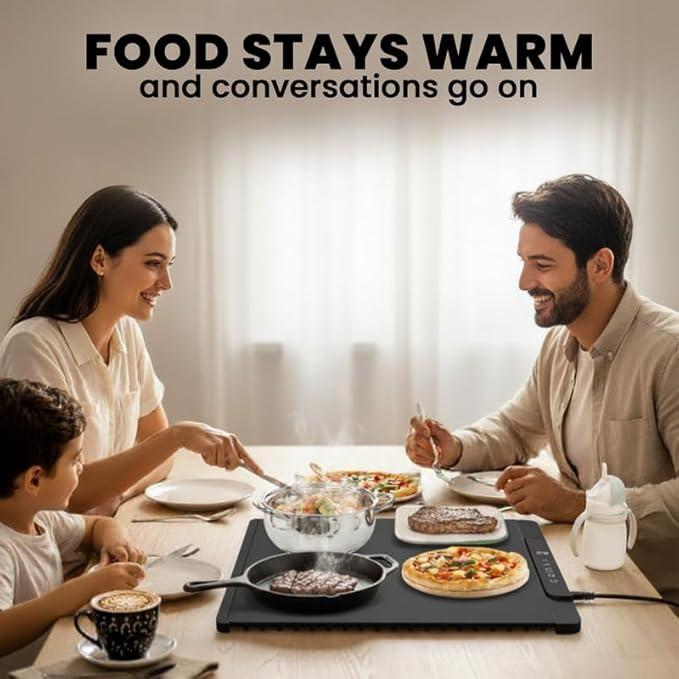 26"x15" Black Electric Food Warming Silicone Mat - 10 sec Fast & Even Heating Tray with upto 10 Hrs Timer, 50-100°C Adjustable Temp, Child Lock & Safety Edge - Portable Warmer Pad for Kitchen & Buffet
