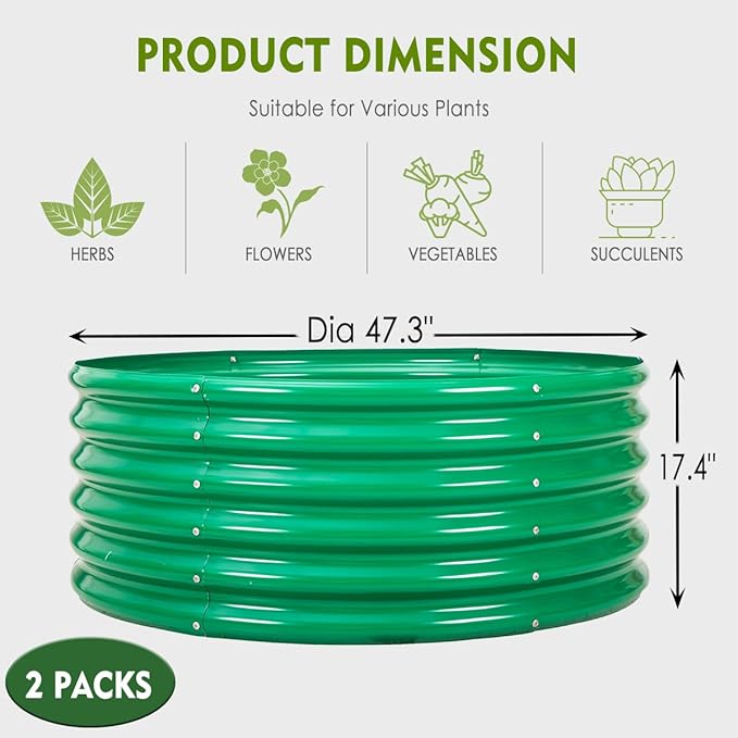 FORTUNO 2 Pcs 17" Tall 4 Ft Round Raised Garden Bed Box Galvanized Metal Outdoor High Flower Bed Steel Patio Ground Planter for Planting Vegetables and Herbs, Green