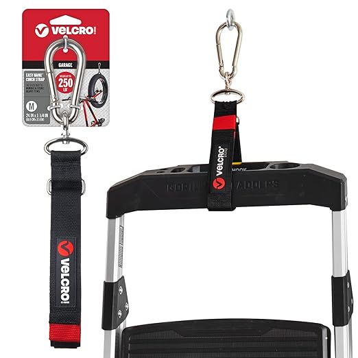 VELCRO Brand Easy Hang Heavy Duty Cinch Strap with Carabiner Hook – Garage & Outdoor Organizer, Holds 250 lbs, 24in x 1.25in