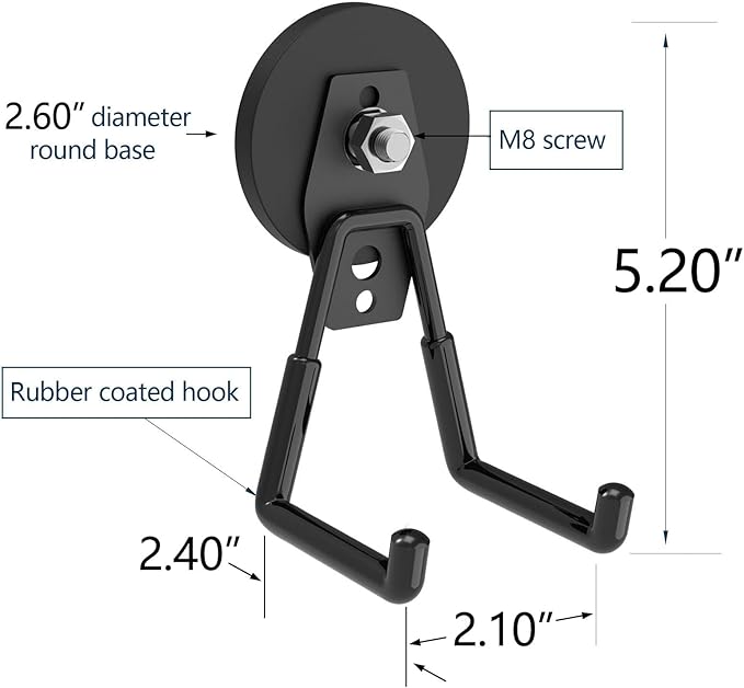 Heavy Duty Magnetic Hooks with 2.60" D Round Base- 2Pack, Strong Middle Magnet Hook, Magnetic Storage Hooks for Power Drill,Garden Tools,Hose,Pegboard,Garage,Workshop