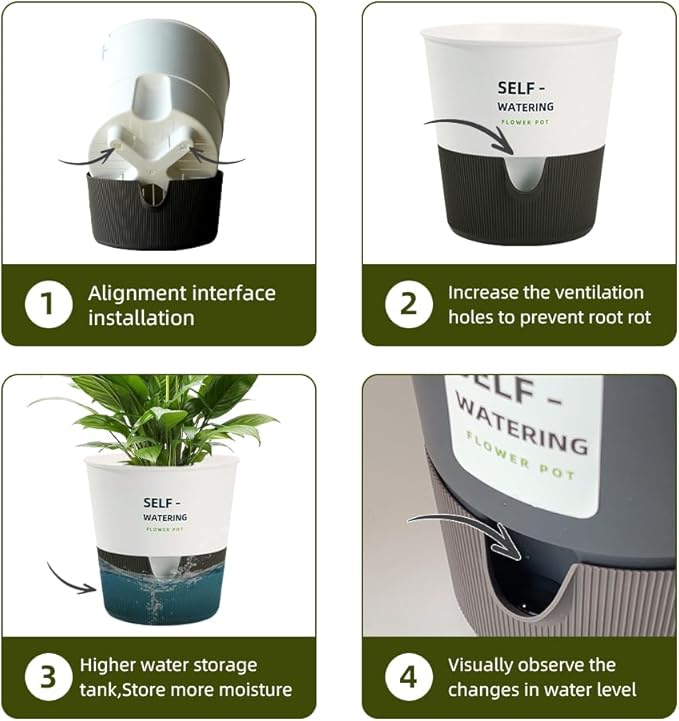 Flower and Plant Pot, Self Watering Plastic Plants Planter with Drainage Holes and Saucers, Modern Outdoor Indoor Decorative Flower Pot for Plants, Flowers, Herbs, Succulents (White, 7.5 inch)