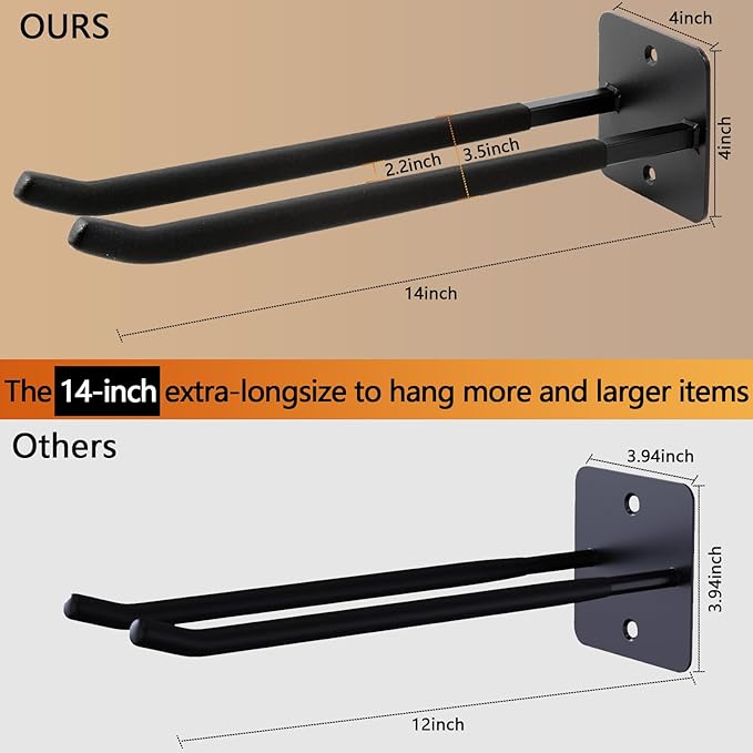 Sinoer Heavy Duty Double Garage Hooks 14 Inch Wall Mount Steel Utility Hooks, Tool Organizer for Ladders, Chairs, Ropes, Tires & Strollers (4 Pack)