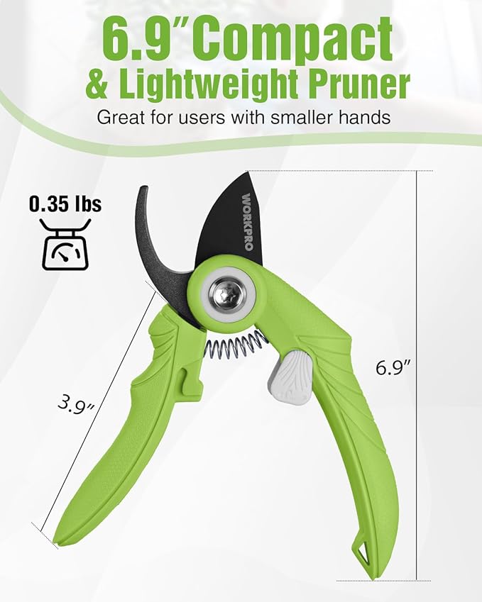 WORKPRO 6.9" Bypass Pruning Shears, Gardening Scissors with Sharp SK5 Steel Blade, Handheld Garden Floral Clippers for Rose, Plants, Flowers, Fruits Trees, Gardening Gifts for Women & Men, Green
