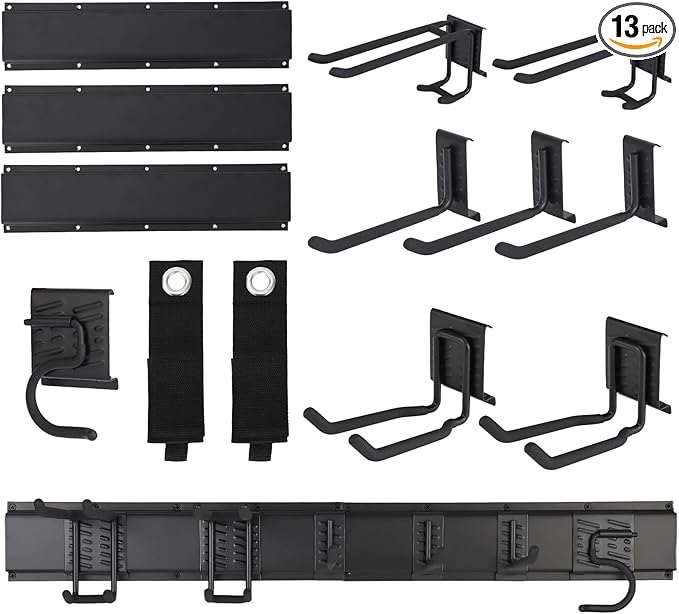 48" Garage Tool Organizer Wall Mount, Heavy-Duty Garden Tool Storage Organization System with 8 Adjustable Hooks & 2 Straps for Garage Basement Yard Shed (13 Pcs) Black