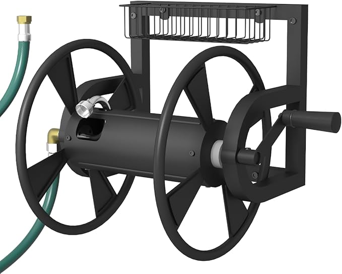Garden Wall Mounted Hose Reel, Outdoor Heavy-Duty Water Hose Holder Winder, Holds 125 Feet of 5/8-Inch Hose, with 3.9 ft Leader Hose, Brass Fitting and Storage Basket for Yard, Black