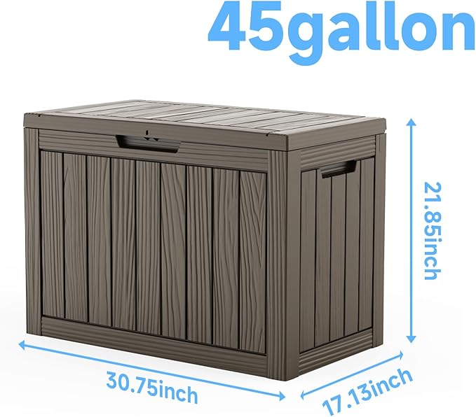 45-Gallon Outdoor Storage Box, Waterproof Deck Box for Patio Cushions, Garden Tools, Pool Accessories, Lockable Outside Storage Bin for Backyard & Deck (Grey)
