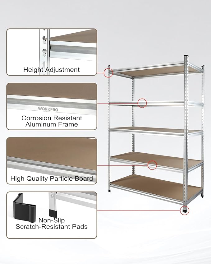 WORKPRO 5-Tier Storage Shelving Unit, 48”W x 24”D x 72”H, Adjustable Storage Rack Heavy Duty Aluminum Alloy Shelf, 2750 lbs Load Capacity (Total), for Garage, Kitchen, Bathroom, Warehouse