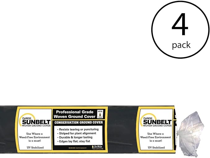Dewitt 4-Pack Sunbelt Weed Barrier Fabric 3.2 oz, 3 x 300 Feet – Heavy-Duty Ground Cover Mat for Greenhouse Floors, Garden Rows, Raised Beds, Yard Gardening, and Outdoor Landscape Protection