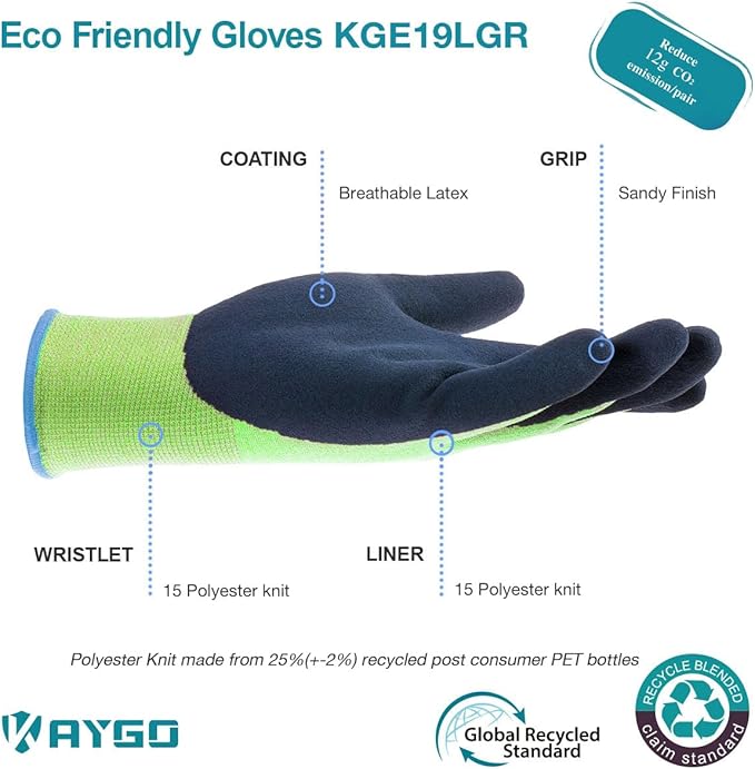 KAYGO Work Gloves for Women, Eco Friendly Safety Work Gloves with Breathable Rubber Coated, KGE19L,3 Pairs
