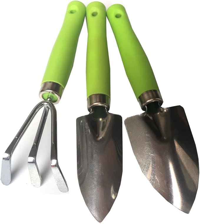 Mini Kids Garden Tool Set for Toddler with Trowel, Cultivator, Transplanter 3 Piece Mental Hand Tools (Green)