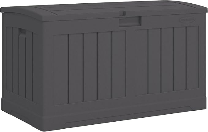 Suncast 50 Gallon Medium Capacity All Weather Construction Resin Outdoor Storage Deck Box with Arched Lid for Patio, Garden, or Pool, Peppercorn