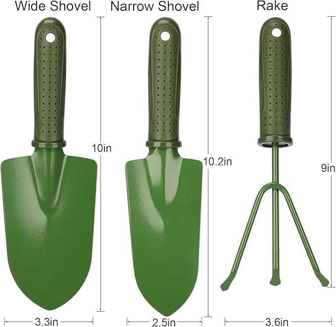 Garden Tool Set 3-Piece – Carbon Steel Trowel, Transplanter & Rake with Non-Slip PP Handle, Rust-Resistant Coating – Ideal for Digging, Weeding, Planting