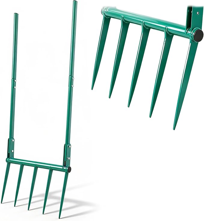 VVOKGO Broadfork Garden Tool with 11.8" Long Tines, 5-Tine Broad Fork for Gardening Heavy Duty, Unbreakable Garden Fork & Hand Tiller for Farm Digging, Crushing, Aerating Soil