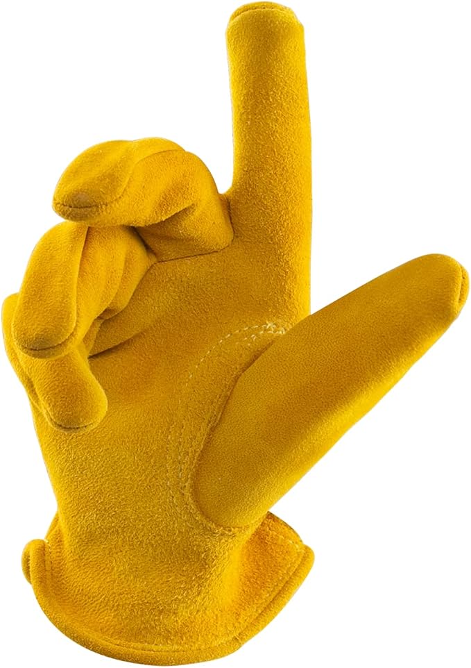 Kids Work Gloves, Medium, Yellow, 5-7 Years Old, Genuine Leather, Anti-Skid, Ergonomic Design, Reflective, Flexible, Breathable, Protective Glove