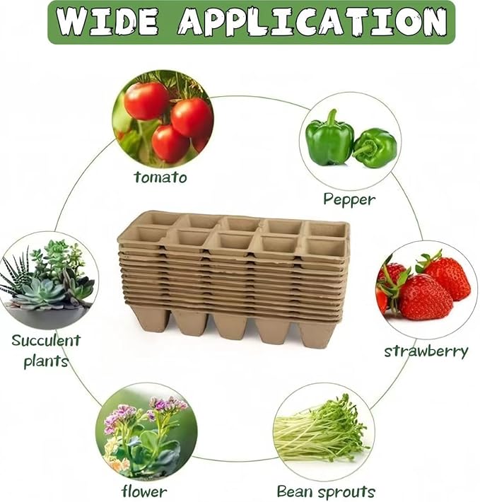 580 Cells Seed Starter Tray 58 Packs Biodegradable Peat Pots Germination Trays Organic Seed Starting Trays kit with 58 Labels 2 Transplant Tools
