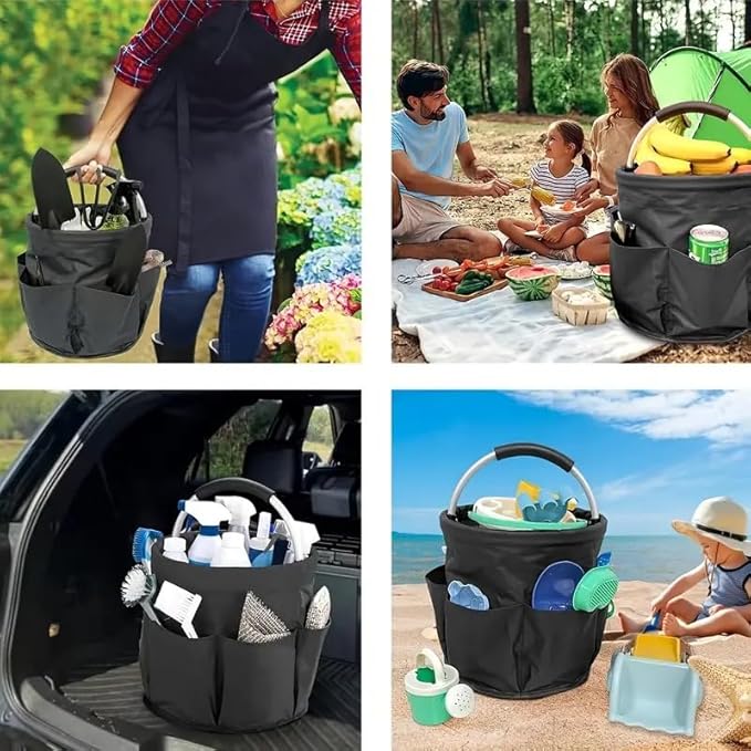 Gardening Tote Bag,Foldable Garden Tool Storage Bag Tool Organizer with 6 Exterior Pockets Wear-resistant & Reusable for Camping Picnicing Gardening Yard Lawn Work (Black)