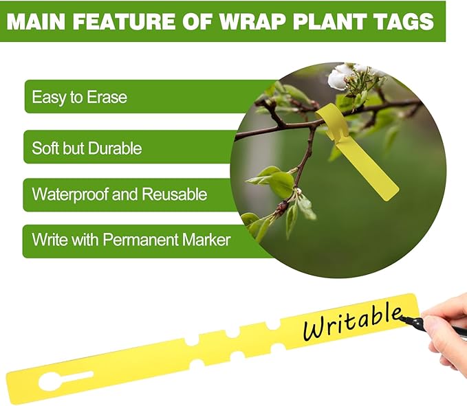 Plant Labels 200Pcs Yuanling Plastic Plant Tree Tags Wrap Around Hanging Tags Nursery Tree Markers Adjustable Garden Labels for Indoor Outdoor Gardening Plants (Yellow with 1 Marker Pen)