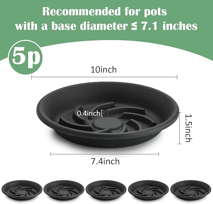 BTPLASTIK Plant Saucer 10 inch 5 Pack, Pot Elevators for Inside Plants, Heavy Duty Flower Planter Drip Trays for Pots, Pot Saucers for Plants, Grow Bags Saucers Gray