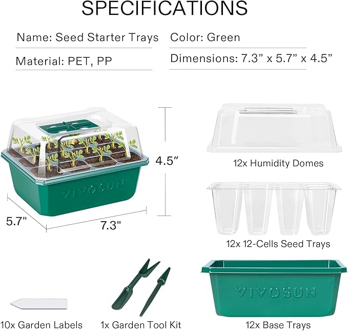 VIVOSUN 48" x 20.75" Seedling Heat Mat and Digital Thermostat Combo Set and 12-Pack Seed Starter Trays, 144-Cell Seed Starter Kit with Humidity Dome, Flat Reusable Plant Germination Trays