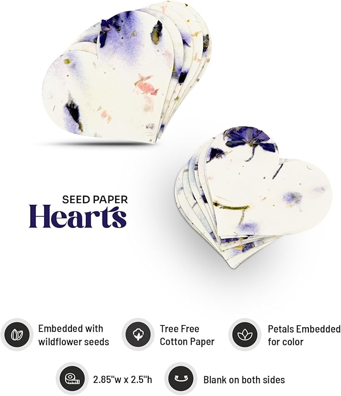 50pcs Large Purple Heart Seed Paper – Plantable & Writable Wildflower Seed Paper, Gift for Mom This Mother’s Day, Use for Shower Favors, Weddings, Heart Party Favors or Life Events