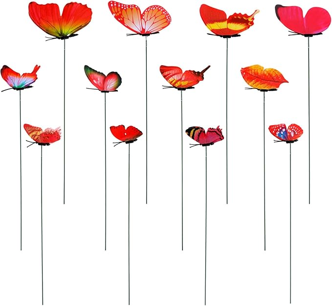 12pcs Decorative Butterfly Plant Stakes, 9.8in Lifelike Butterfly Garden Stakes PVC Waterproof Flower Pot Decorations for Garden Lawn Patio Indoor Outdoor Yard Planter Art Decor (Red)