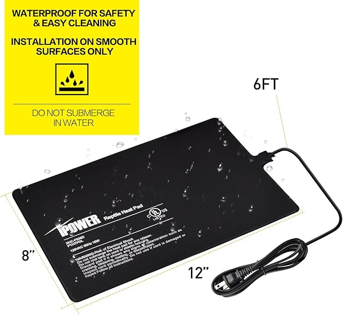 iPower Reptile Heating Pad, Under Tank Heater, Waterproof Terrarium Heat Mat 8X12 Inch, for Turtle, Lizard, Frog, Snake and Other Reptiles